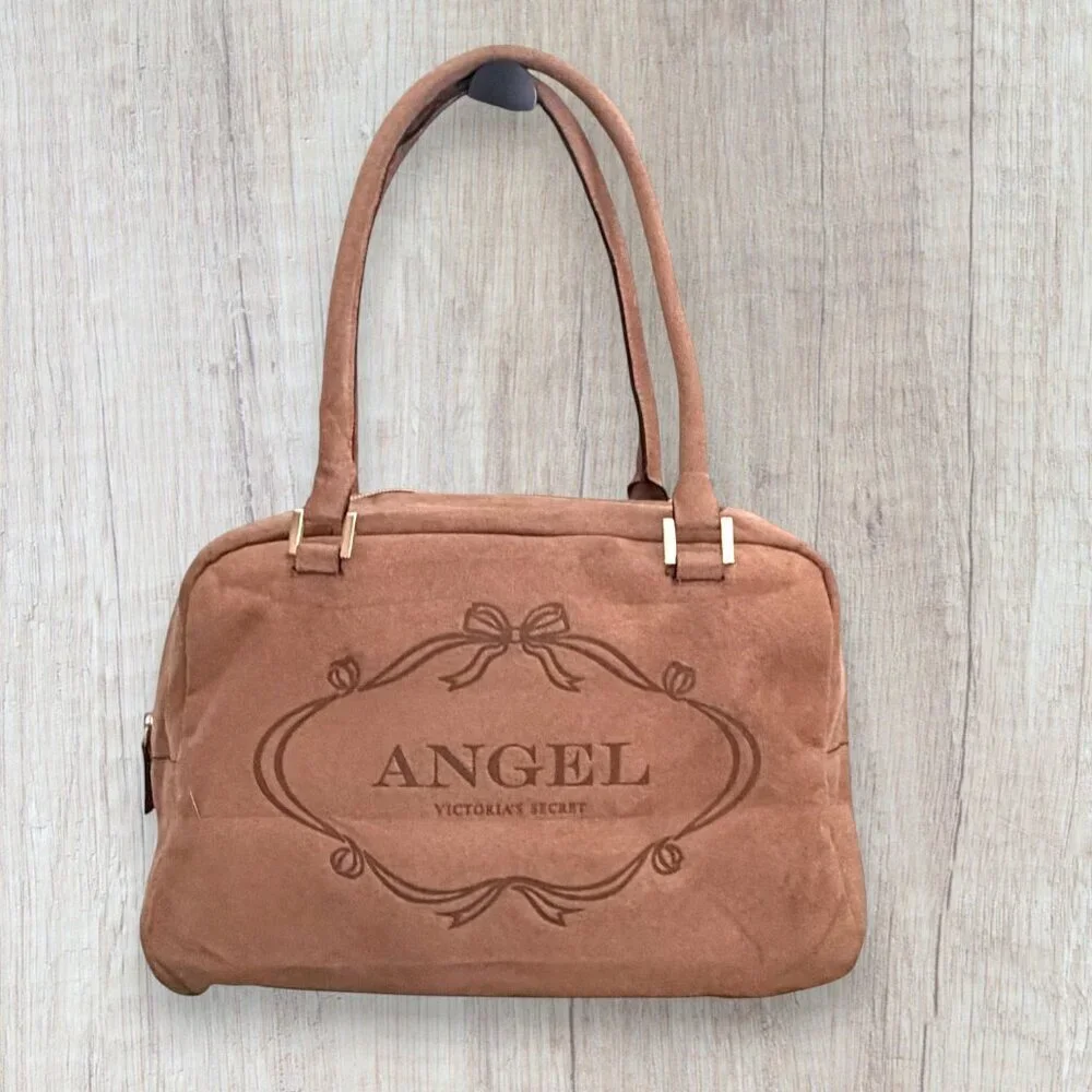 Victoria’s Secret Angel Faux Suede Y2K Shoulder Bag Brown Logo Bow Satchel